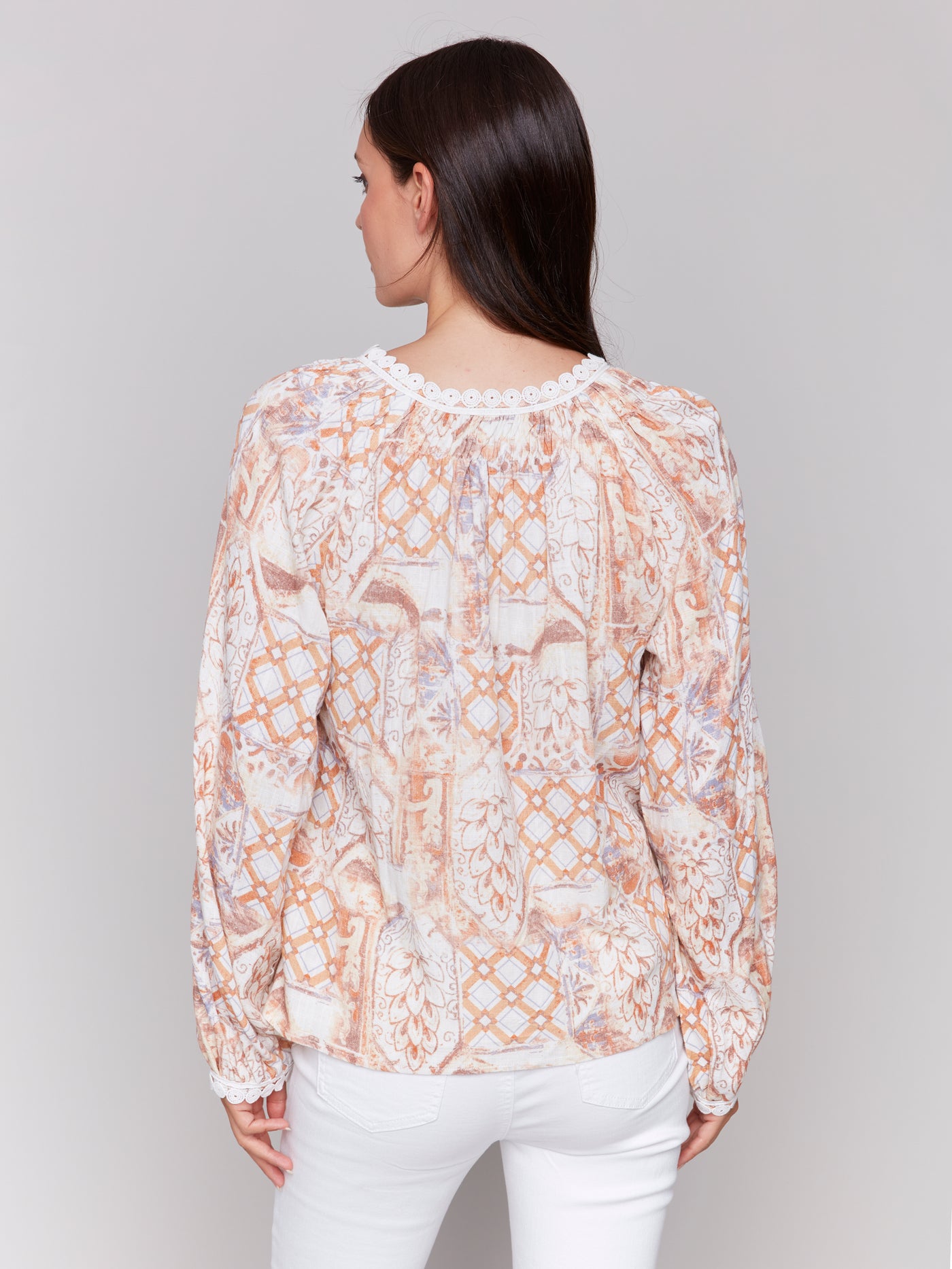 Printed Raglan Blouse with V-Notch Neckline Charlie B