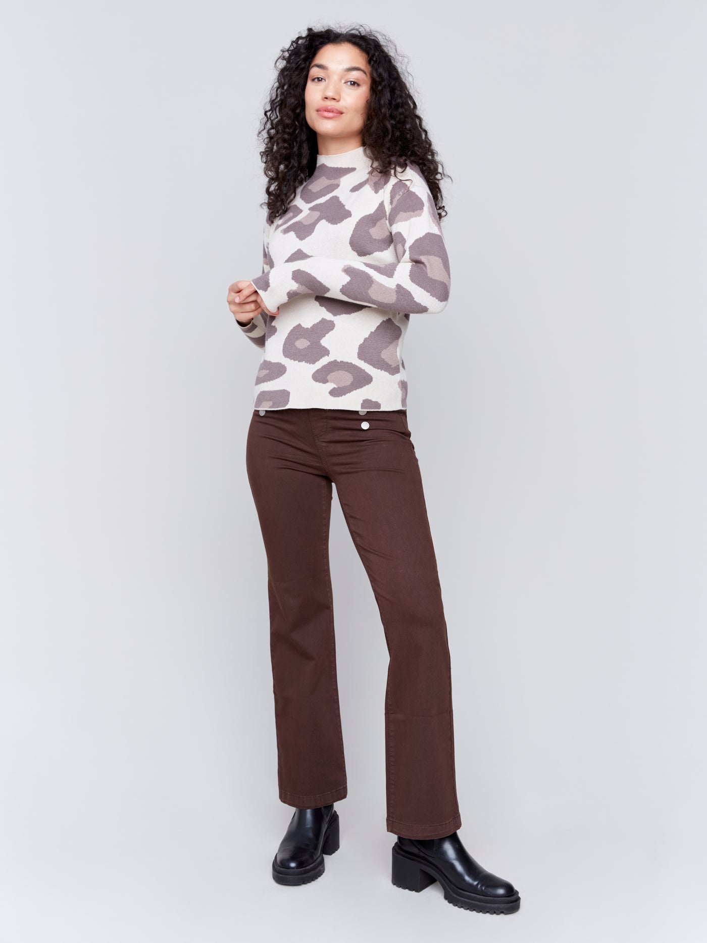 Pull-On Flare Twill Pants with Front Buttons Charlie B