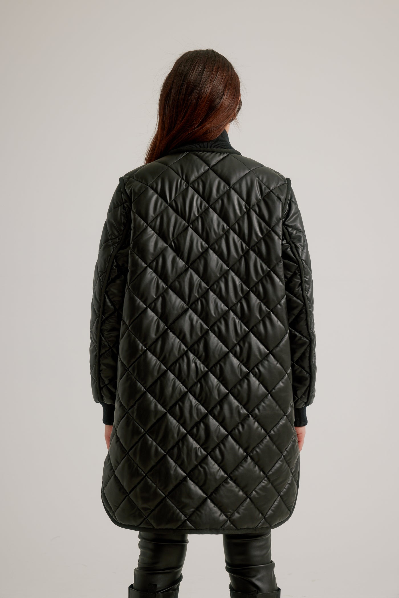 Vegan Leather Zip Front Diamond Quilted Coat Nikki Jones