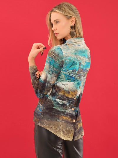 Abstract Print Cowl Neck Pullover Dolcezza