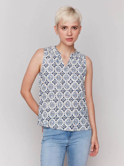 Printed Sleeveless Ruffle Neck Top - Dream Pants