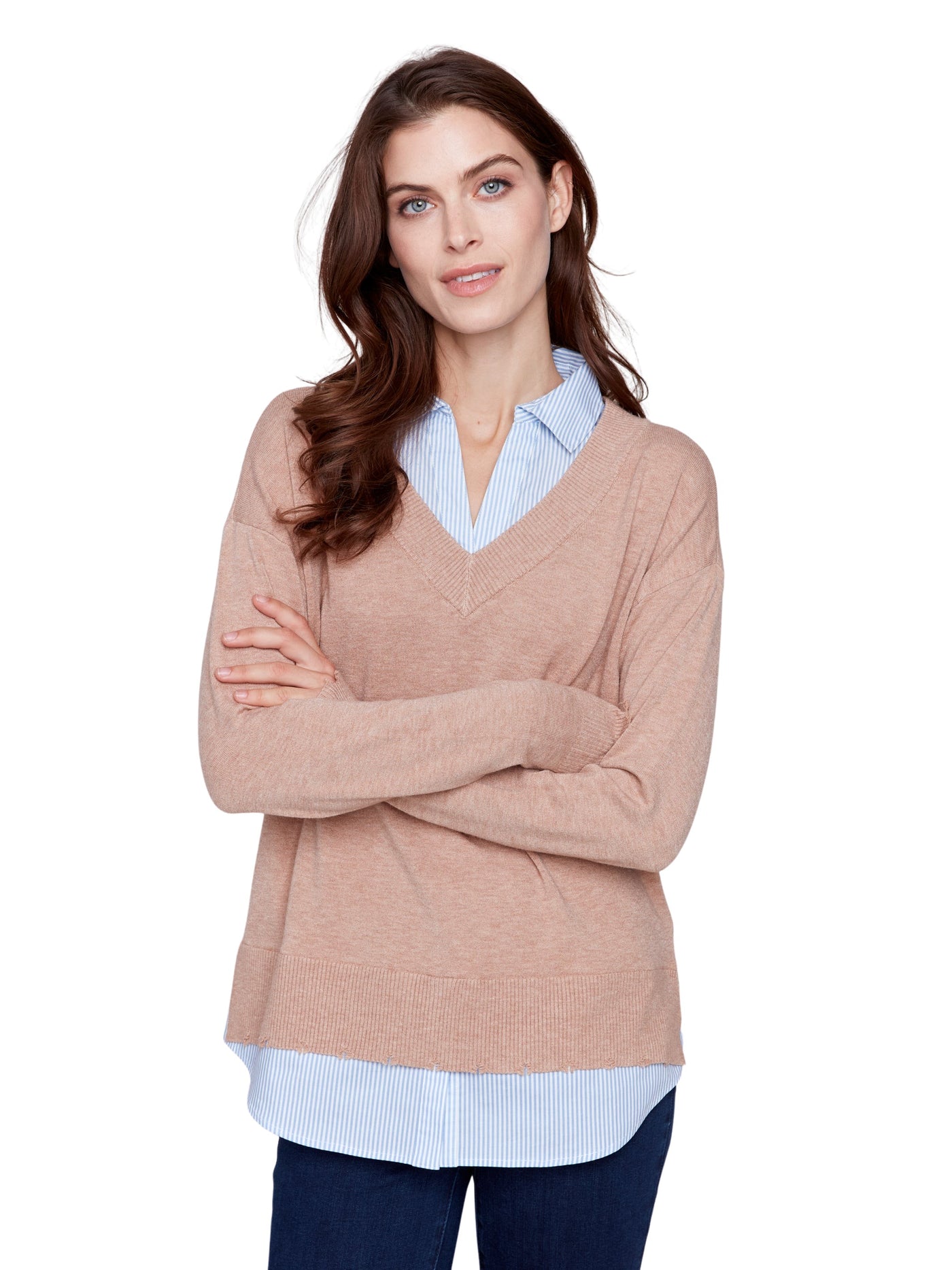 V-Neck Fooler Sweater with Shirt Collar Charlie B