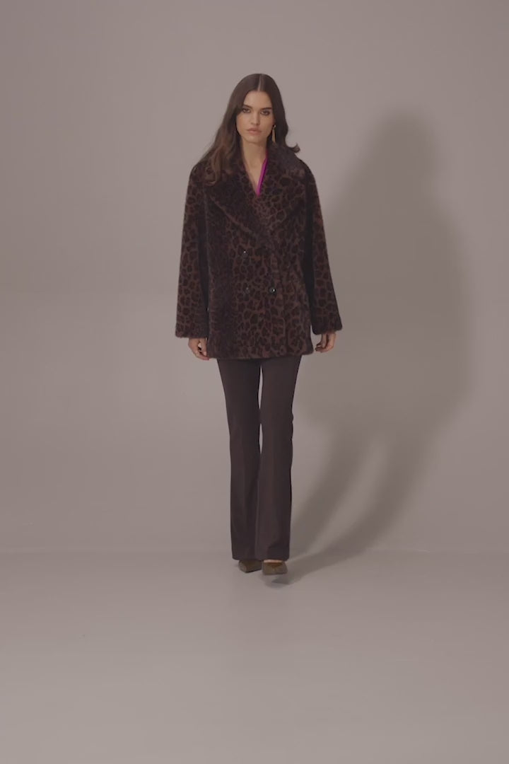 Faux Fur Leopard Print Double-Breasted Coat
